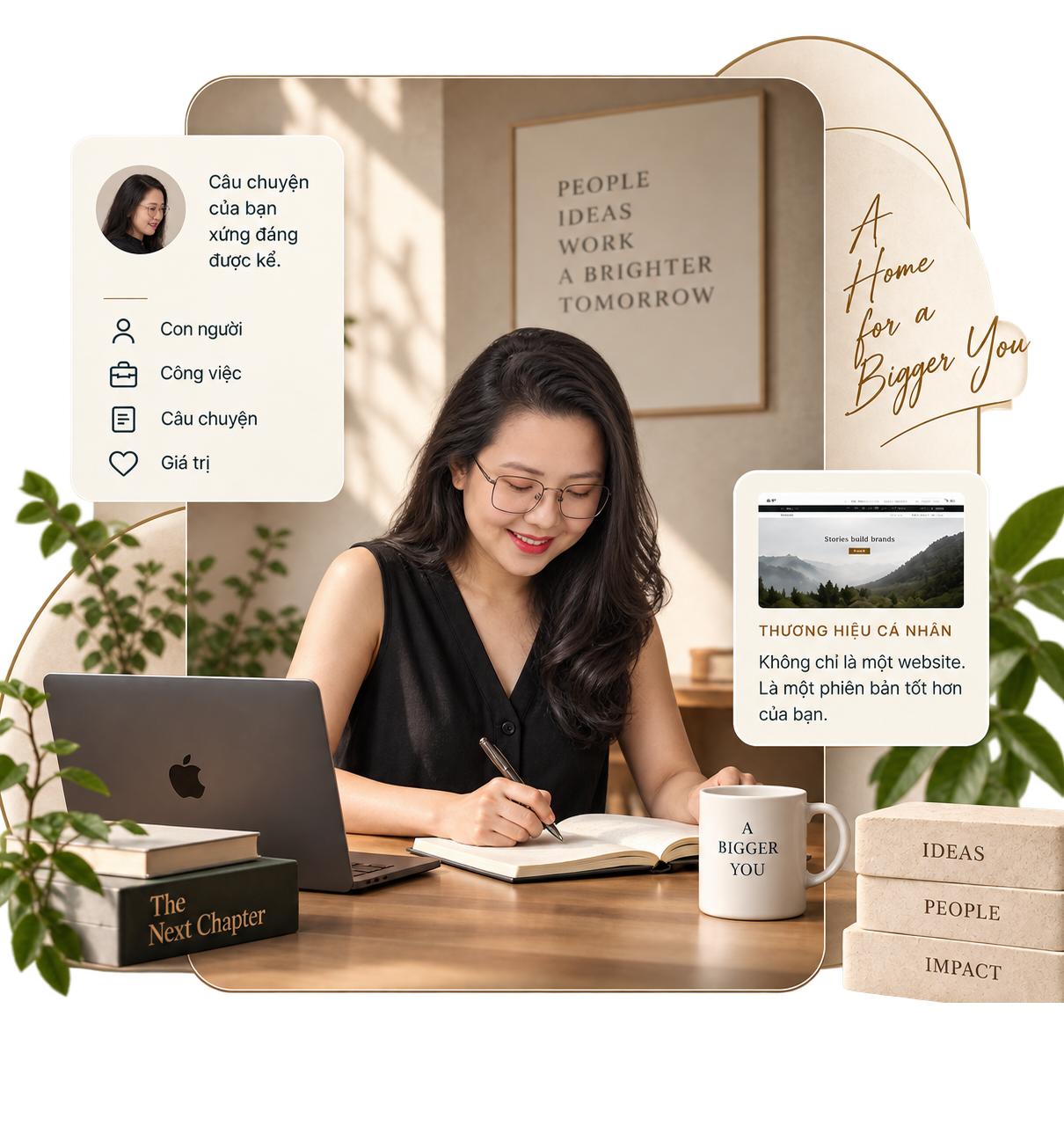 Minh họa người sáng tạo đang làm việc bên bàn gỗ, xây dựng thương hiệu và website cá nhân cùng Namehouse